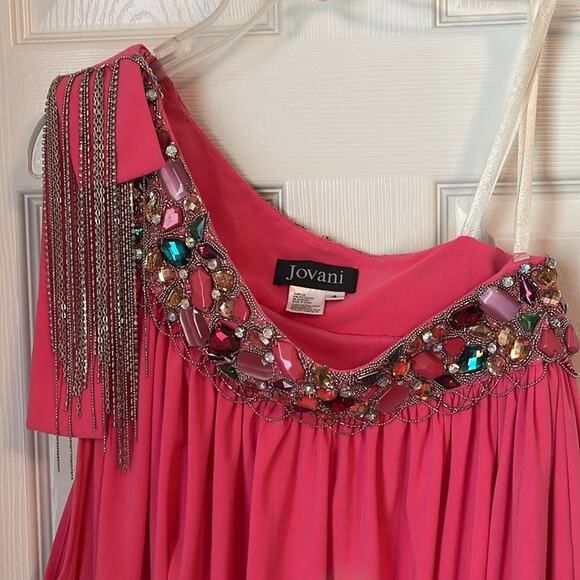Jovani pink one shoulder dress with heavy beading and chains size 4 - Picture 7 of 9